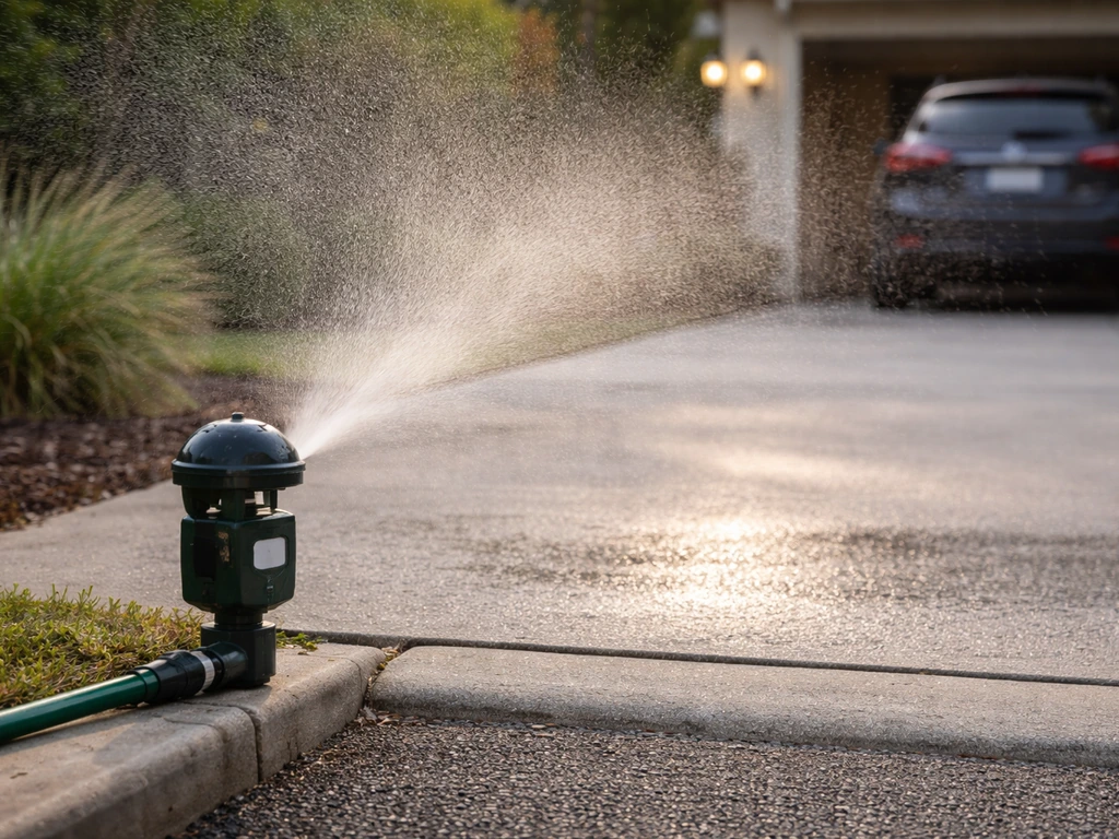 Motion-activated sprinkler aimed toward a car parking spot, misting lightly near a quiet driveway.