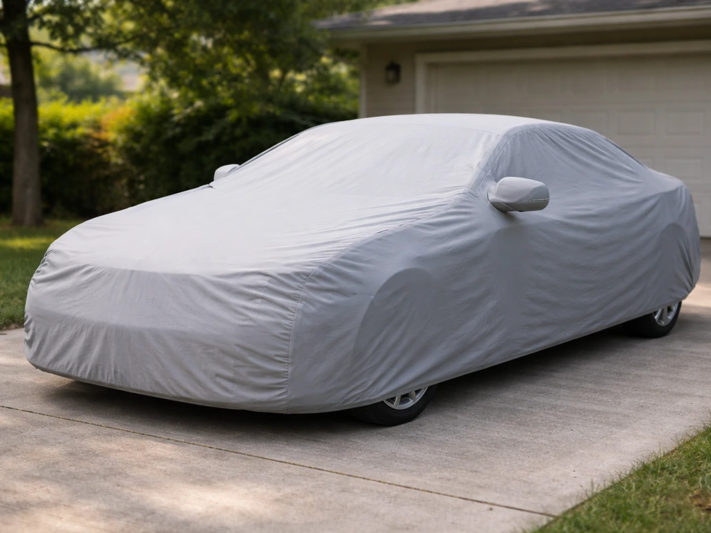 A car fully covered with a fitted cover in a quiet driveway, protecting the vehicle from birds.