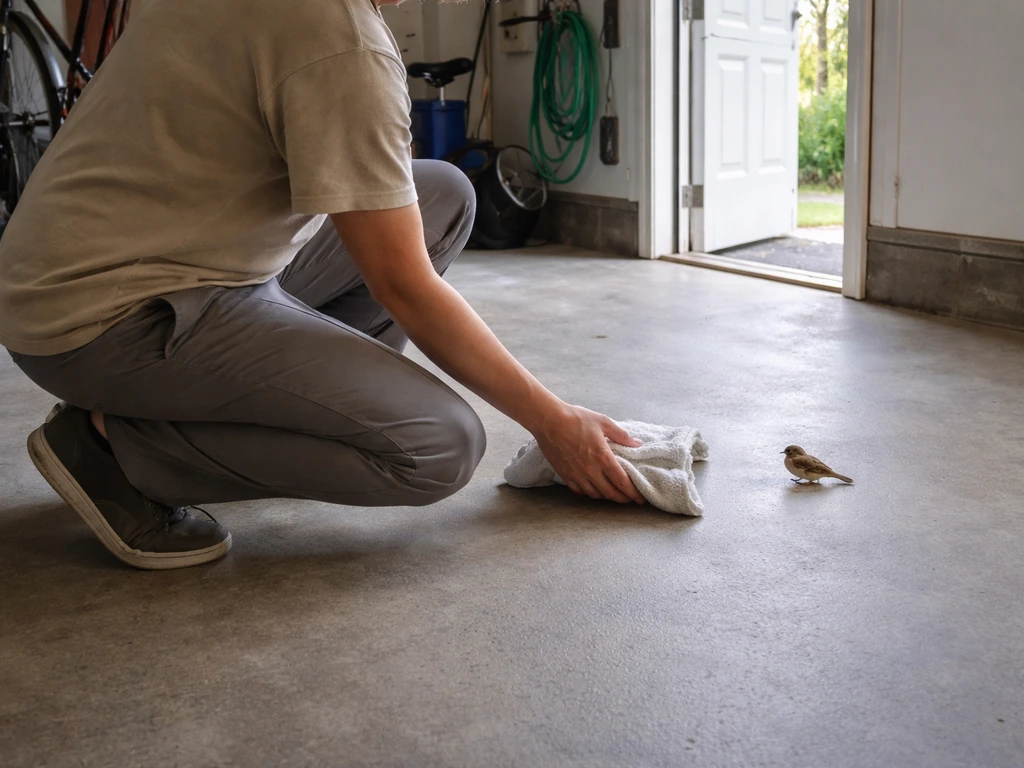Person crouches in a quiet garage, gently guiding a small bird toward an open exit door.
