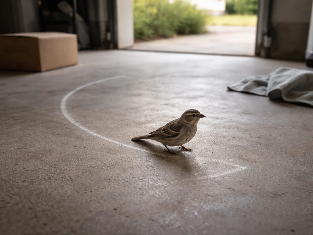 Close view of a small bird in a quiet garage, with a clear flight path cue and calm assessment mood.
