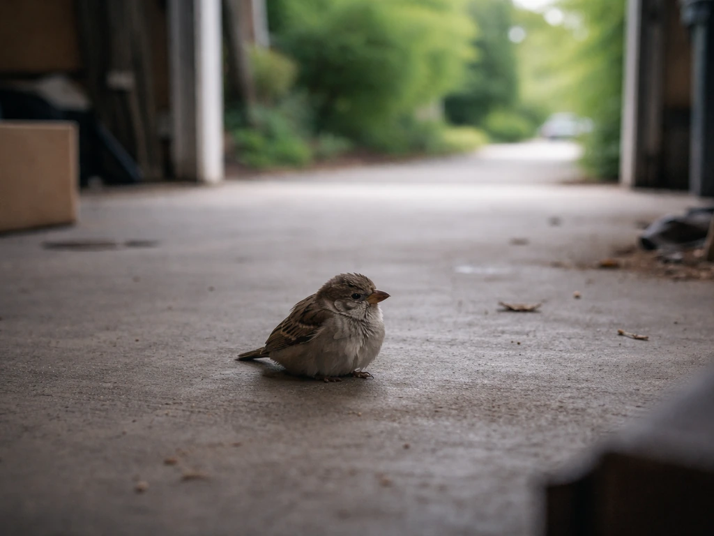 Calmer, disoriented bird inside a dim garage near an open door with light outside