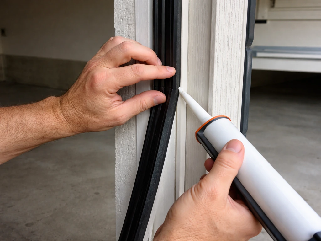 Anonymous hands apply weatherstripping and caulk to seal a gap in a garage door frame.