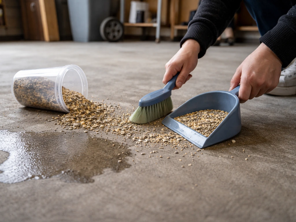 Hands clearing spilled birdseed and a small puddle from a garage floor near an open pet food container