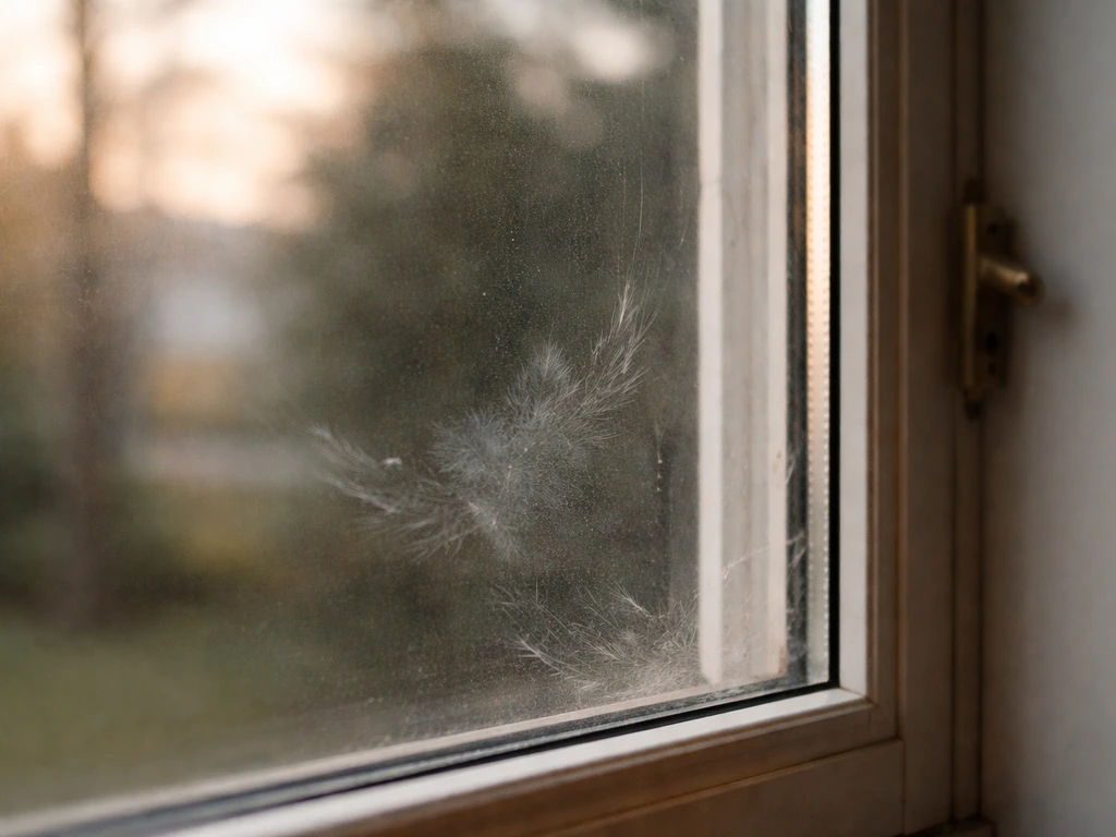 Close-up of a window glass pane with faint impact marks and smudges near the frame