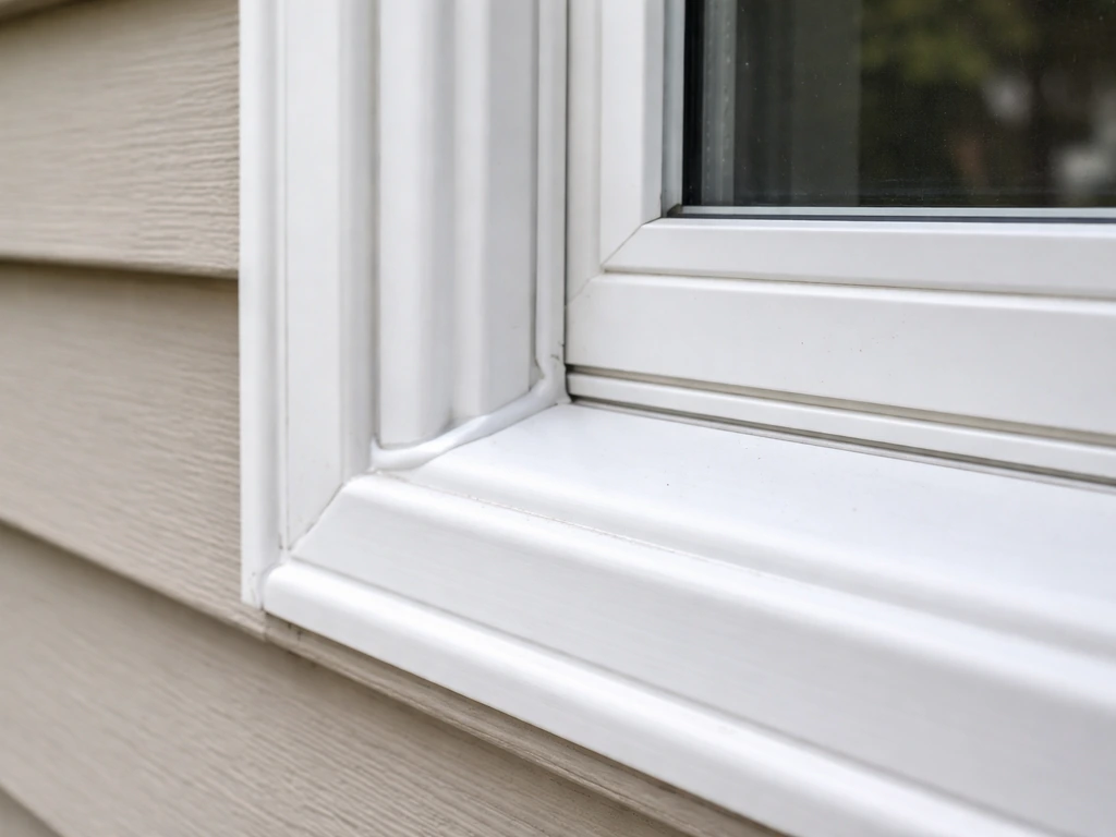 Close-up of caulk and weatherstripping sealing a window frame and sill perimeter against drafts