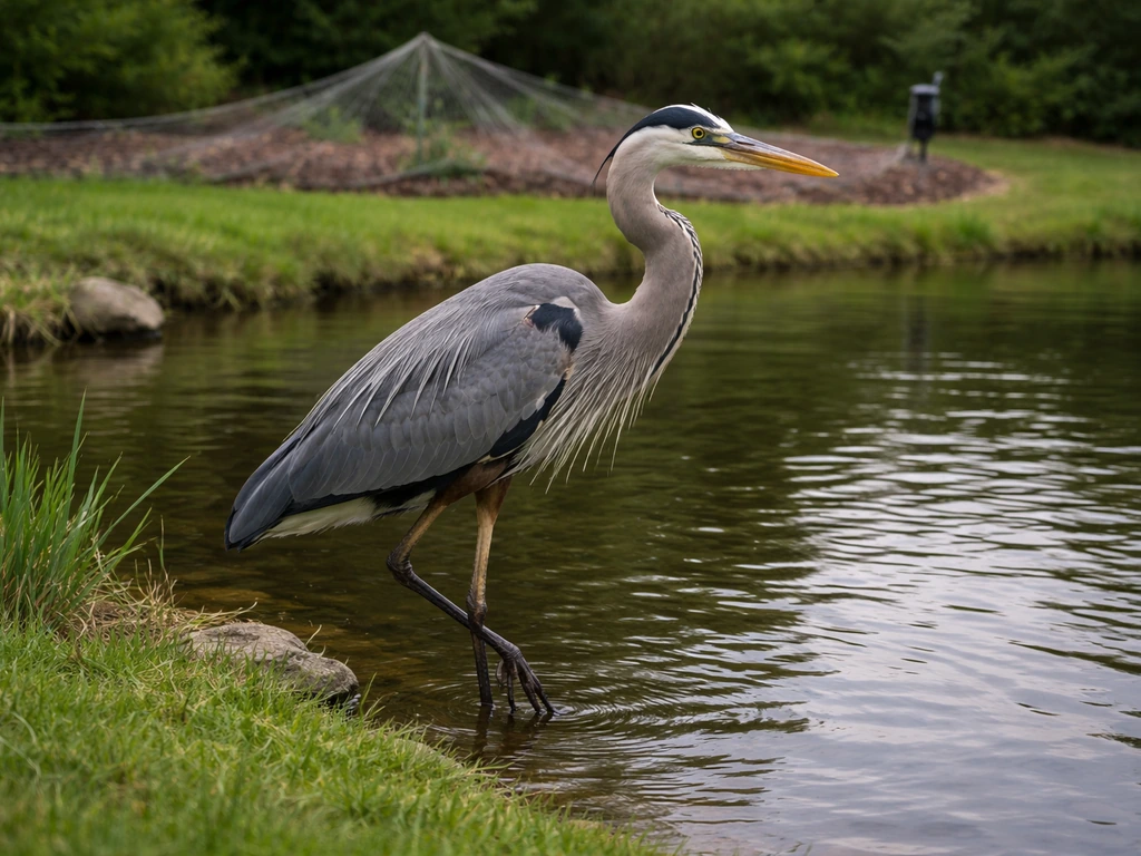 Great Blue Heron standing by a backyard pond with subtle motion-sprinkler or netting deterrent visible.