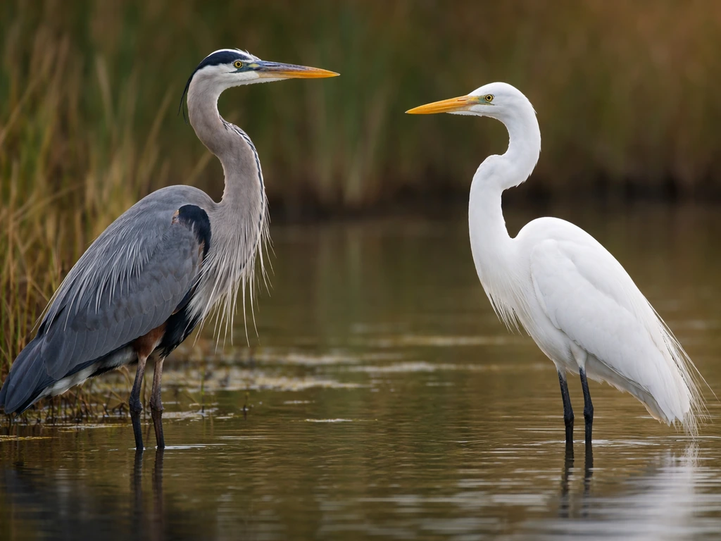 Great Blue Heron and a similar white egret standing side-by-side in shallow wetland water for comparison.