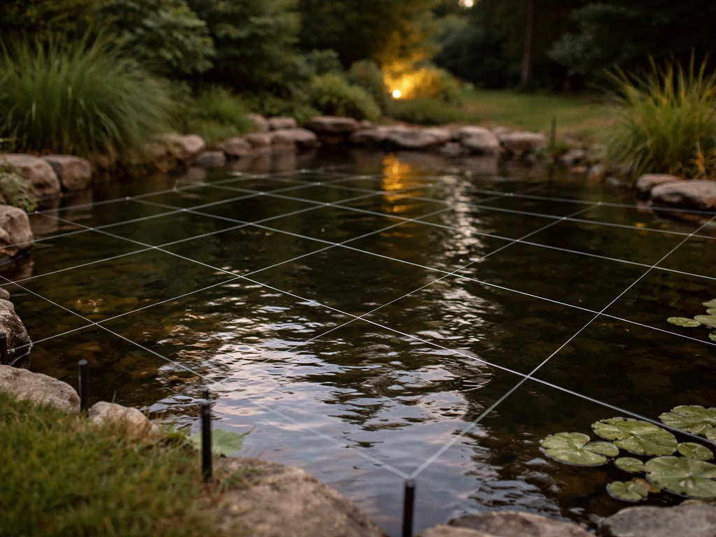 Monofilament line grid stretched above a backyard pond to deter herons from wading in