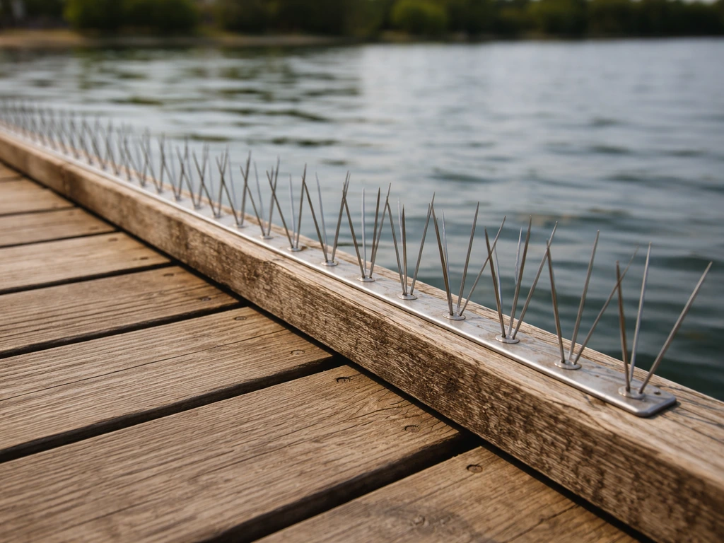 Bird spikes installed along a dock ledge to deter herons from resting and landing