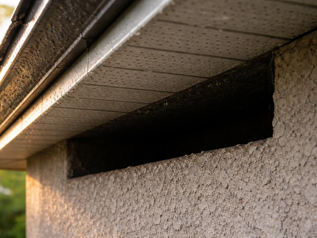 Close-up of a building soffit eave with a sheltered roosting gap under the roofline, no birds visible.