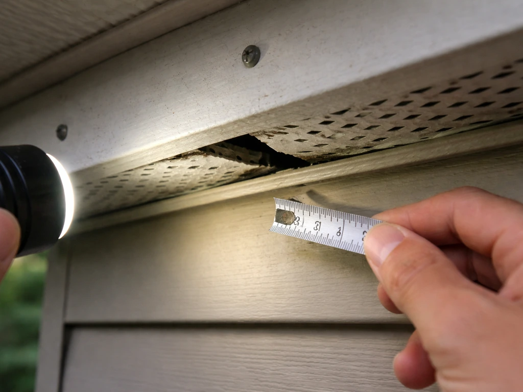 Inspector’s flashlight and measuring tool close to soffit panels with small gaps and loose vent areas.