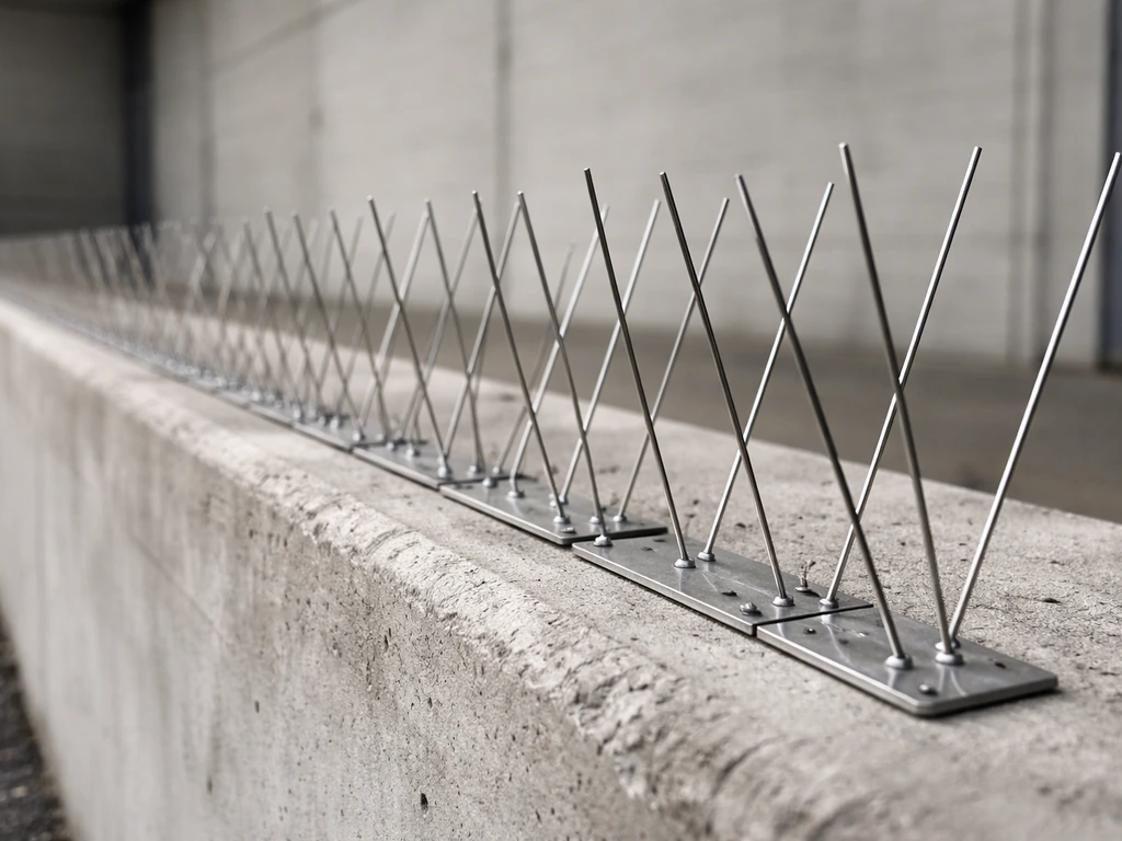 Close-up of stainless spike strips mounted on a concrete ledge to prevent birds landing.