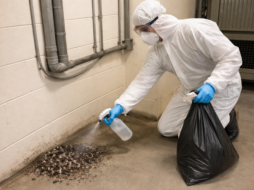 Technician in PPE spraying disinfectant and using disposable tools to clean bird droppings