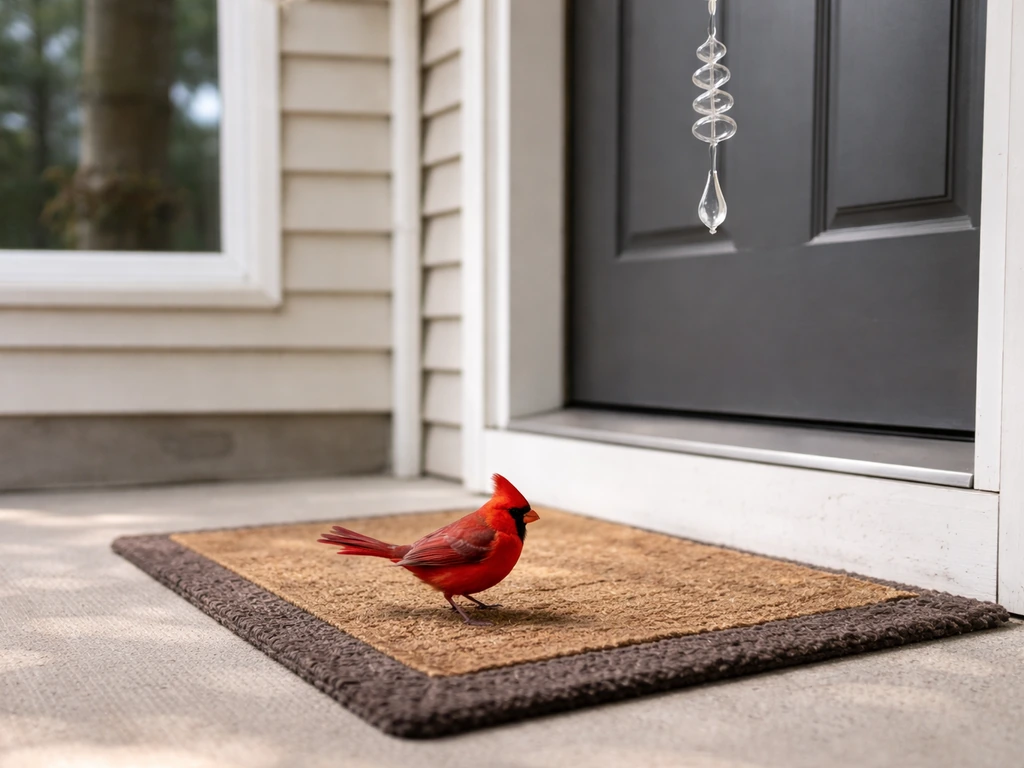 Northern cardinal near a front doorway mat, calmly approaching or leaving a suburban home entrance.