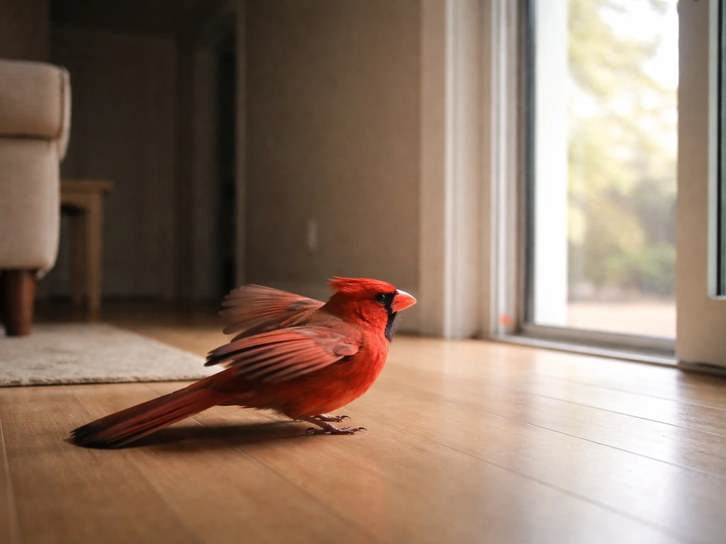 A red northern cardinal fluttering near an open window in a quiet room, suggesting an indoor emergency escape.