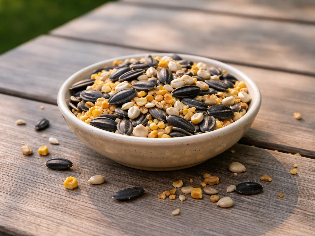 Close-up of sunflower seeds, safflower seeds, and cracked corn in a shallow bowl outdoors