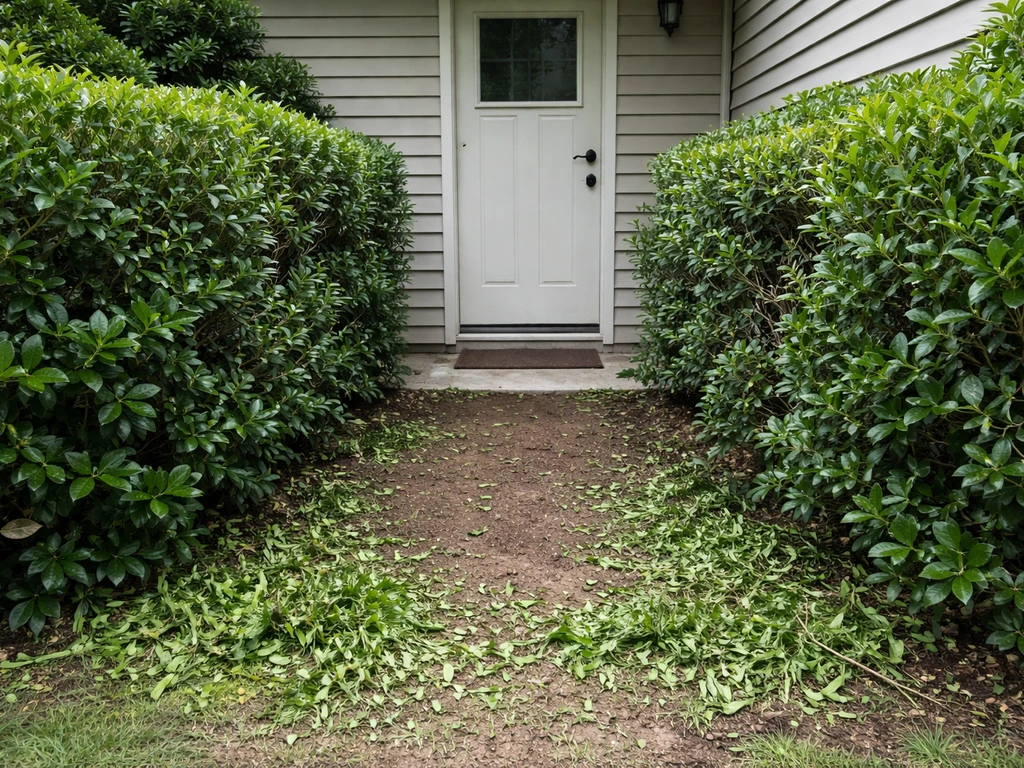 Dense shrubs trimmed back near a doorway, showing clear space for safer nesting cover reduction.