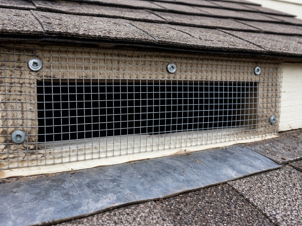 Close-up of hardware cloth securely fastened over a roof vent opening to block bird entry