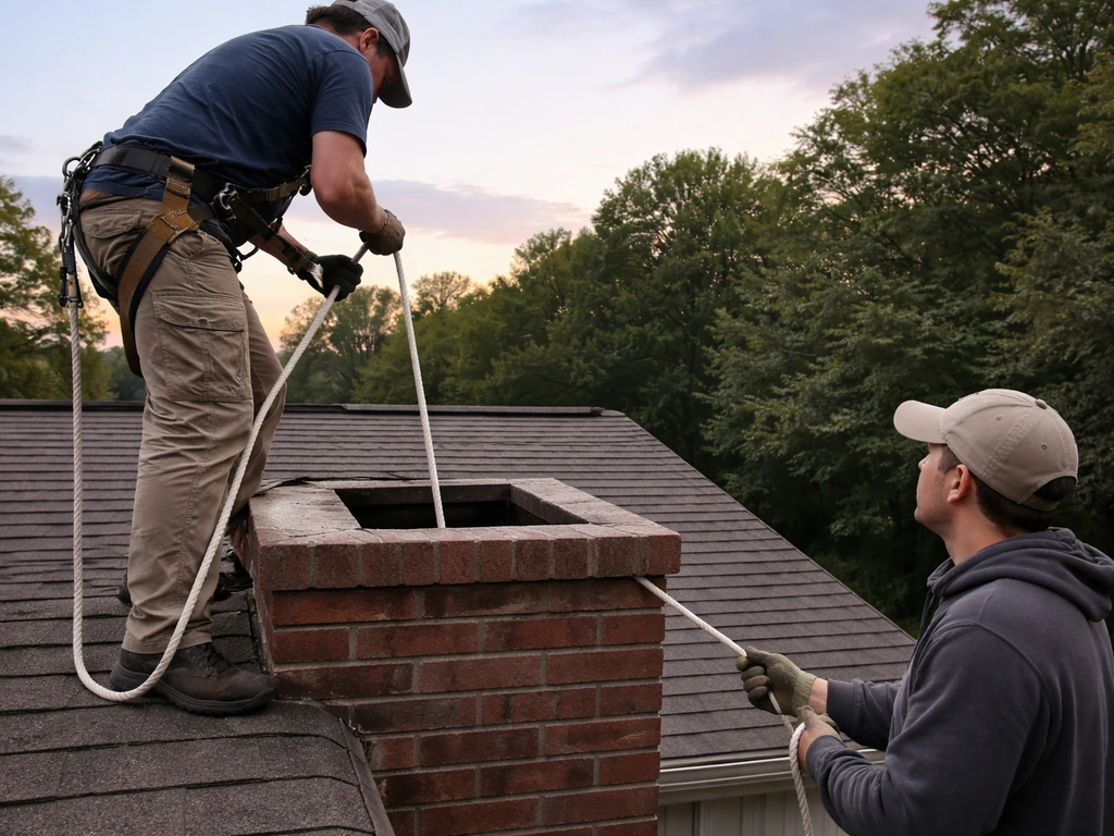 Two people safely lower a thick rope into a chimney flue to reach the bird damper level.