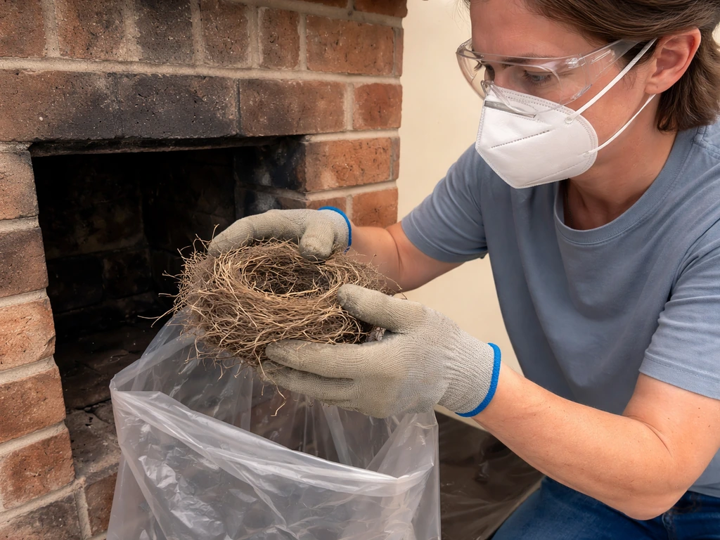 Gloved and masked homeowner removing a bird nest from a chimney opening and placing it into a sealed bag.
