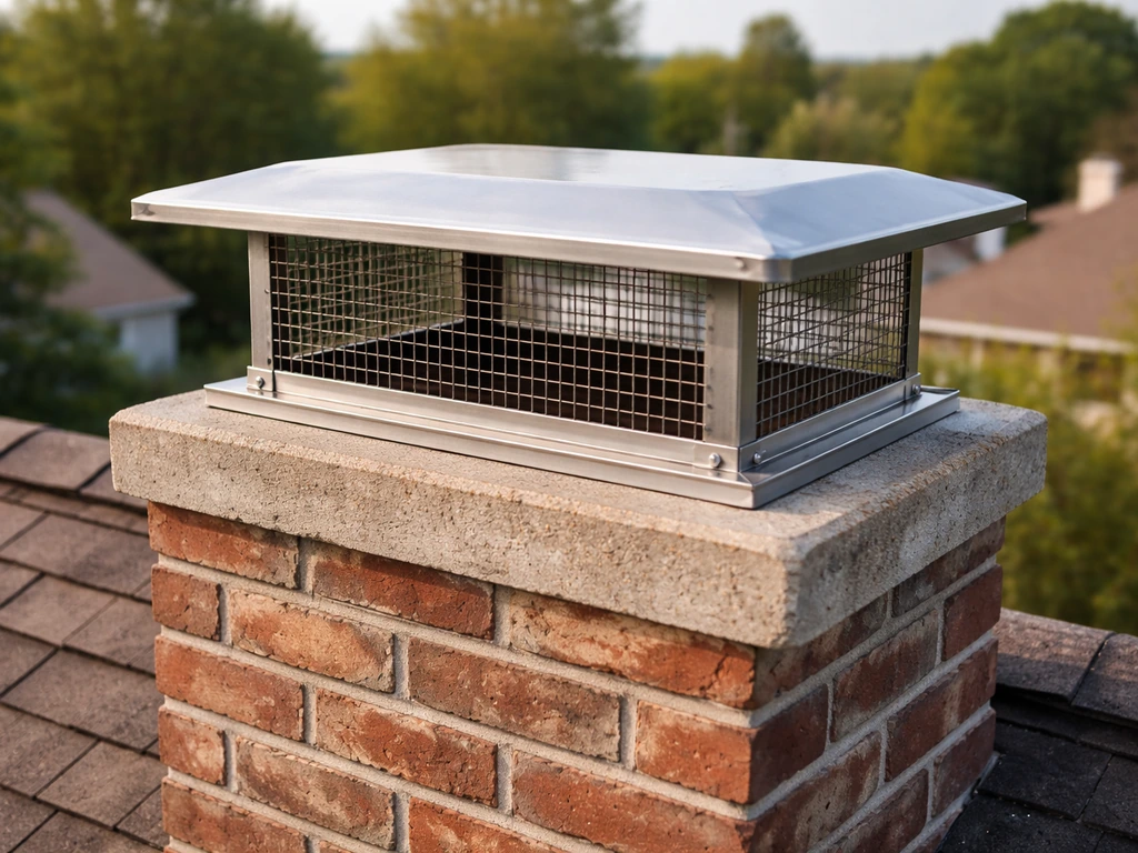 Close-up of a chimney top with a fitted cap and guard covering the flue opening against birds.