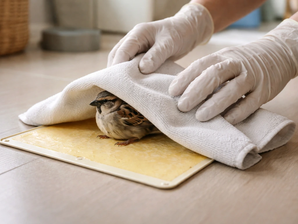 Gloved hands gently cover a small wild bird on a sticky trap with a soft cloth for safe rescue.