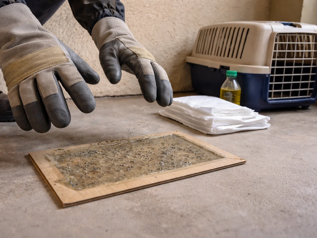 Gloved rescuer near a sticky glue trap with cloths and a ventilated pet carrier nearby.