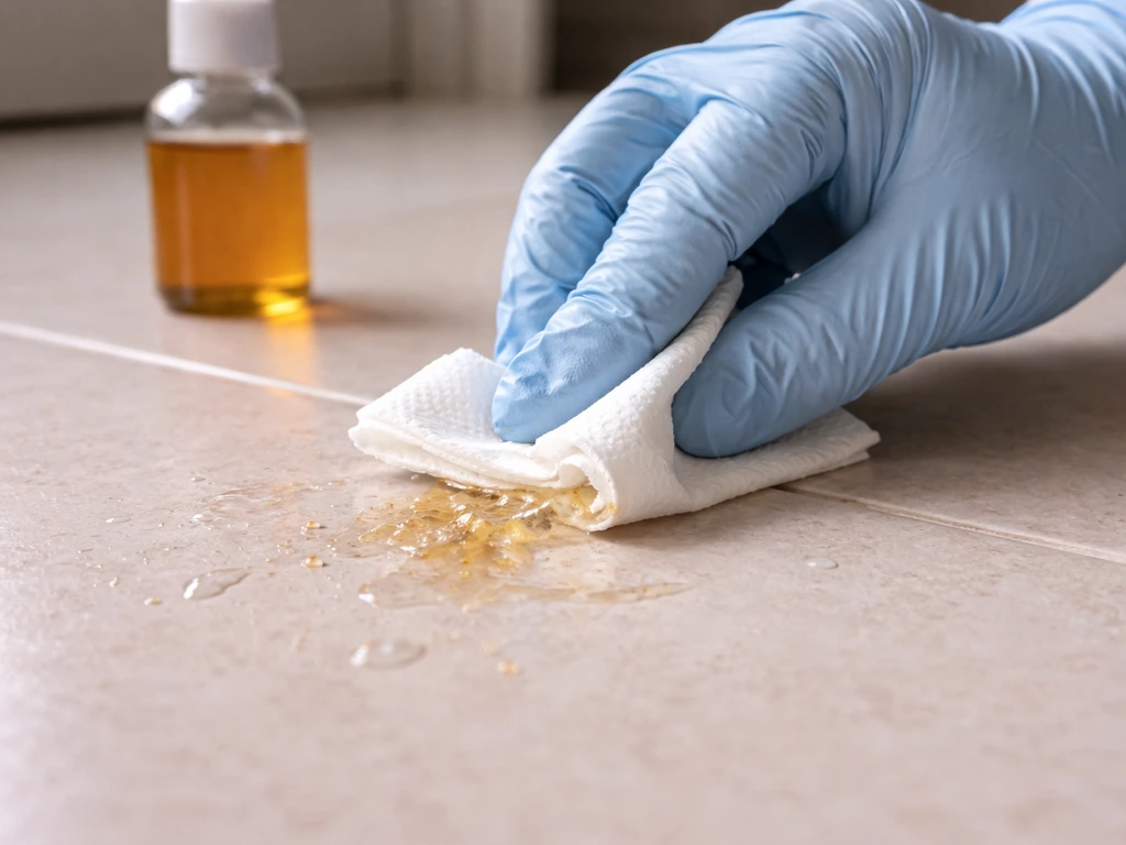 Gloved hands using paper towels and citrus remover on adhesive residue on a smooth floor near a trap.