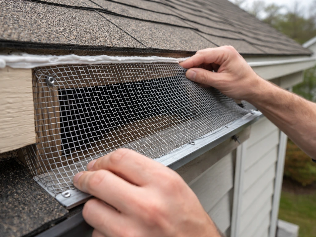 Close-up of a homeowner repairing vent openings with screening and sealing gaps under the eaves