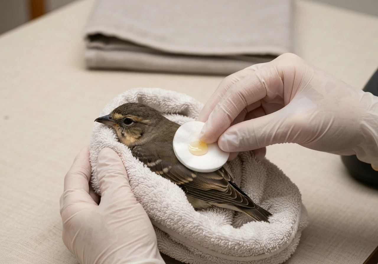Gloved hands gently dab glue residue from a small bird’s feathers while it’s wrapped in a towel.