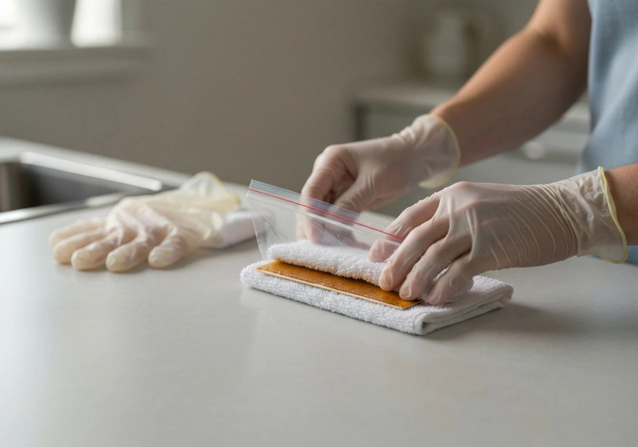 Gloved hands fold a used sticky glue trap sticky-side-in and seal it in a clear plastic bag.