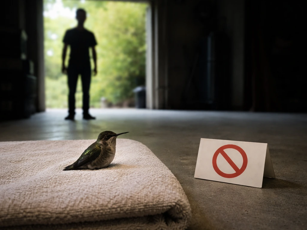 Calm hummingbird on a towel in a dim garage with a rescuer standing back and a do-not-chase sign.