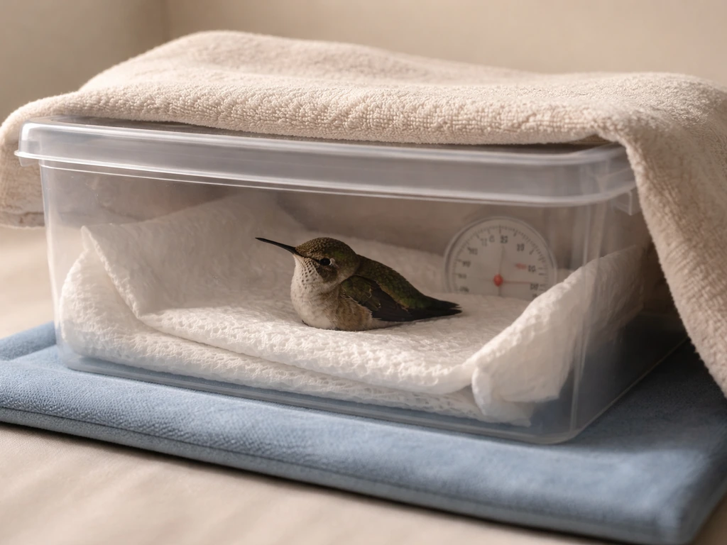 Exhausted hummingbird resting in a small warm lined enclosure with a nearby thermometer, minimal setup.