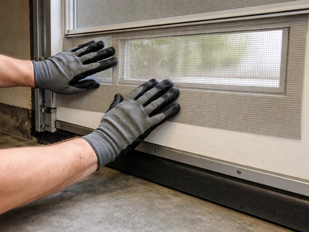 Fine mesh screen fitted over a garage window/vent and garage door gap sealed to block hummingbirds