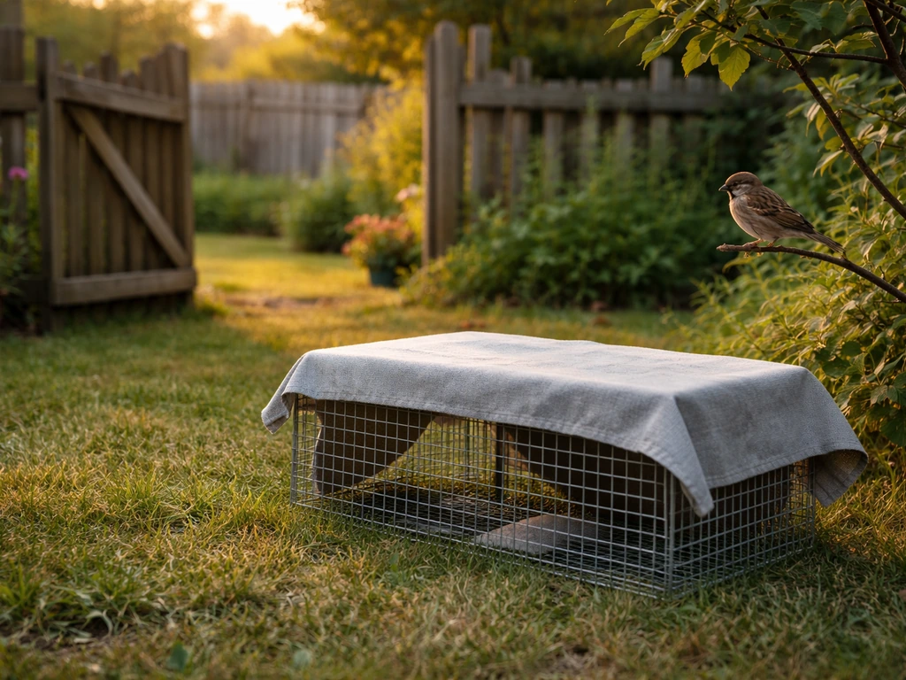 Humane covered live-trap set near a yard opening outdoors with a bird nearby, ready for safe release.