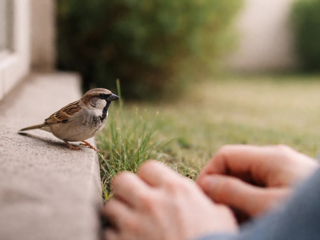 Observer safely watches a small bird’s posture from a distance without touching it.