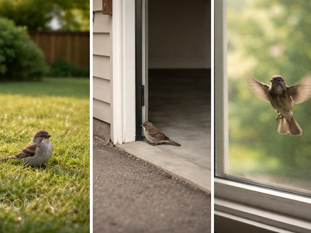 Triptych of three outdoor bird scenarios: bird on yard grass, bird stuck by a structure opening, bird hitting a window.