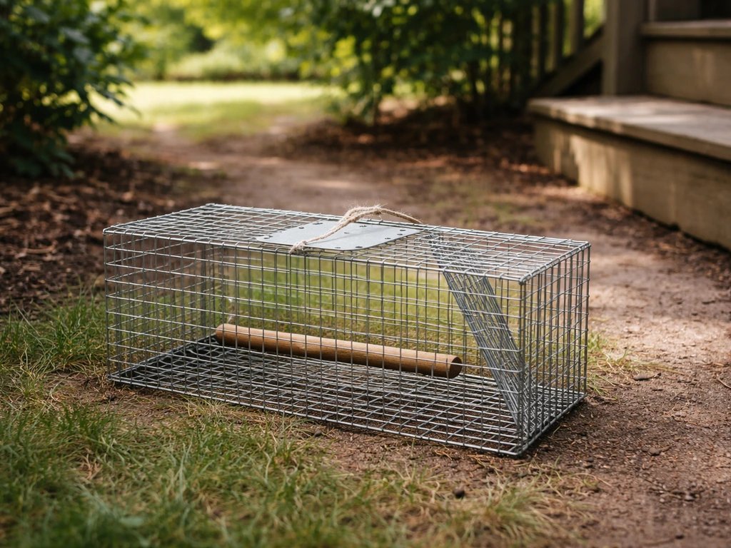 Shaded yard setup of a humane wire/mesh live-capture bird trap with clear entry path and minimal clutter.