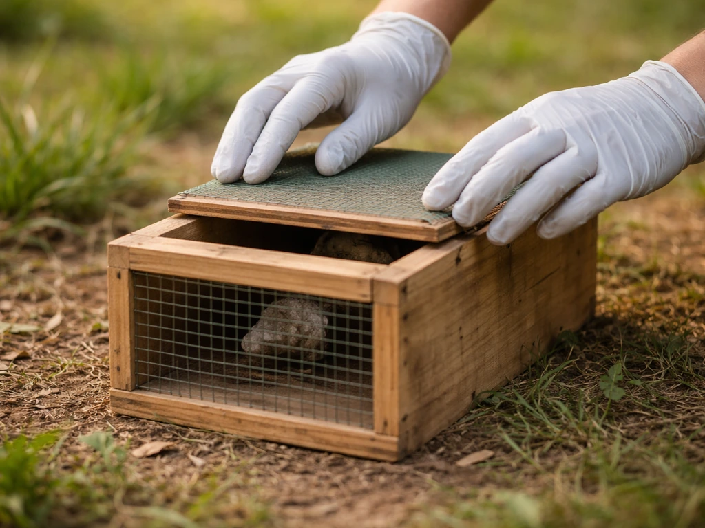 Gloved hands carefully lifting a small covered trap container outdoors to safely release a bird.