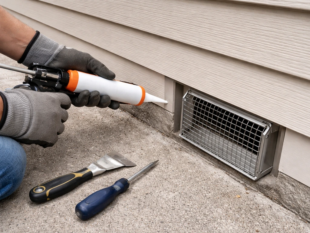 Contractor sealing a small exterior gap and fitting a vent cover guard on a building facade