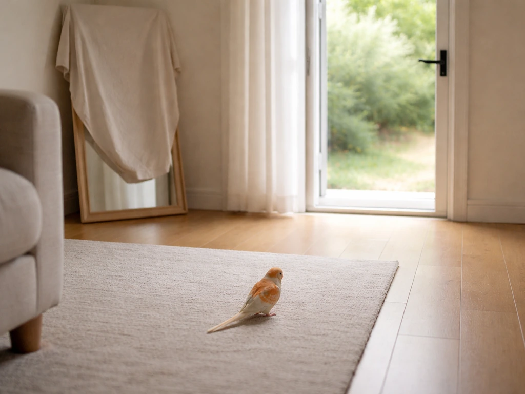 Calm indoor bird on the floor being guided toward an open door/window, with a mirror covered for safety.