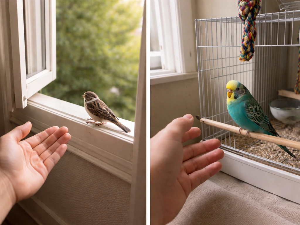 Split view of an anxious wild bird guided toward an open window and a calmer pet bird near a perch inside