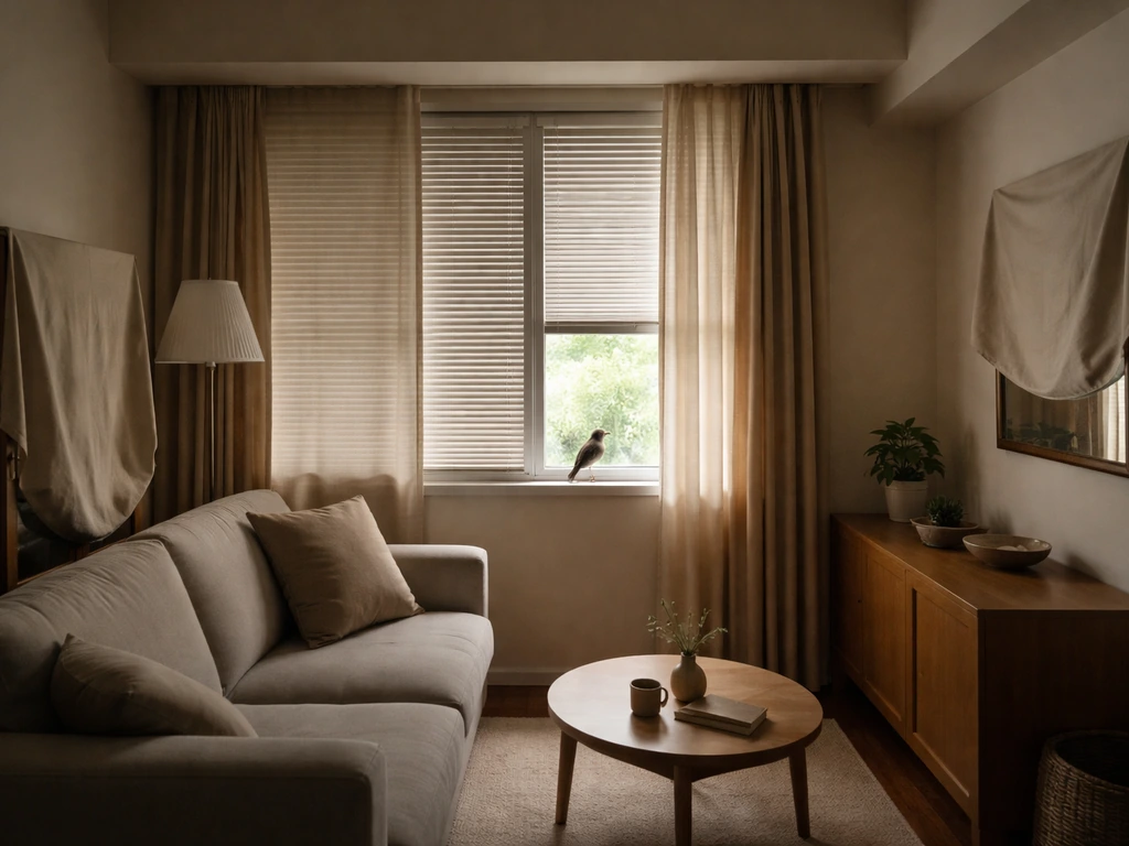 Small bird perched near an open window as curtains stay closed elsewhere and reflective surfaces are covered.