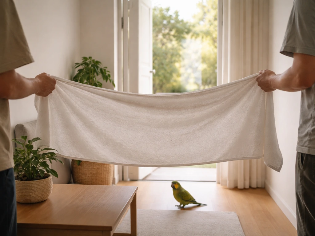 Two people gently guide a perched indoor bird toward an open exit using a wide towel