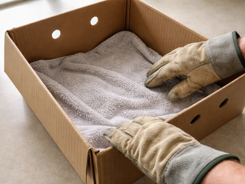 Gloved hands setting up a lined cardboard box for safe wild bird transfer, no bird visible.