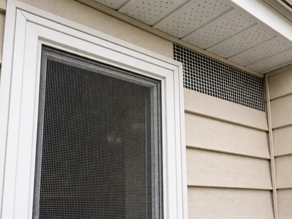 Repaired window screen and hardware cloth sealing gaps around a roof vent on a quiet home exterior