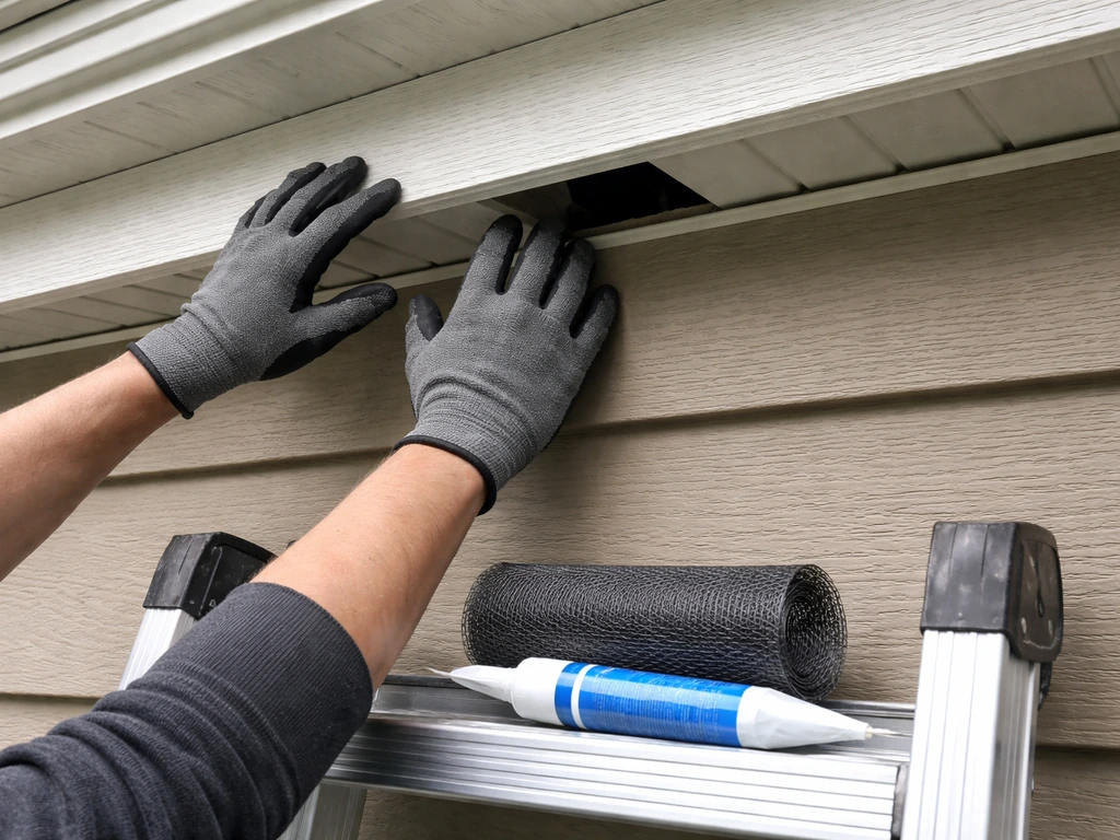Close view of a house soffit ledge with an entry gap and humane proofing tools nearby
