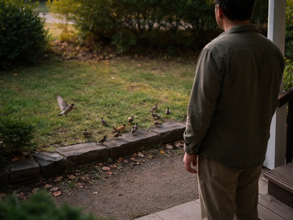 Homeowner stands back on a porch while birds noisily flap in the yard nearby.
