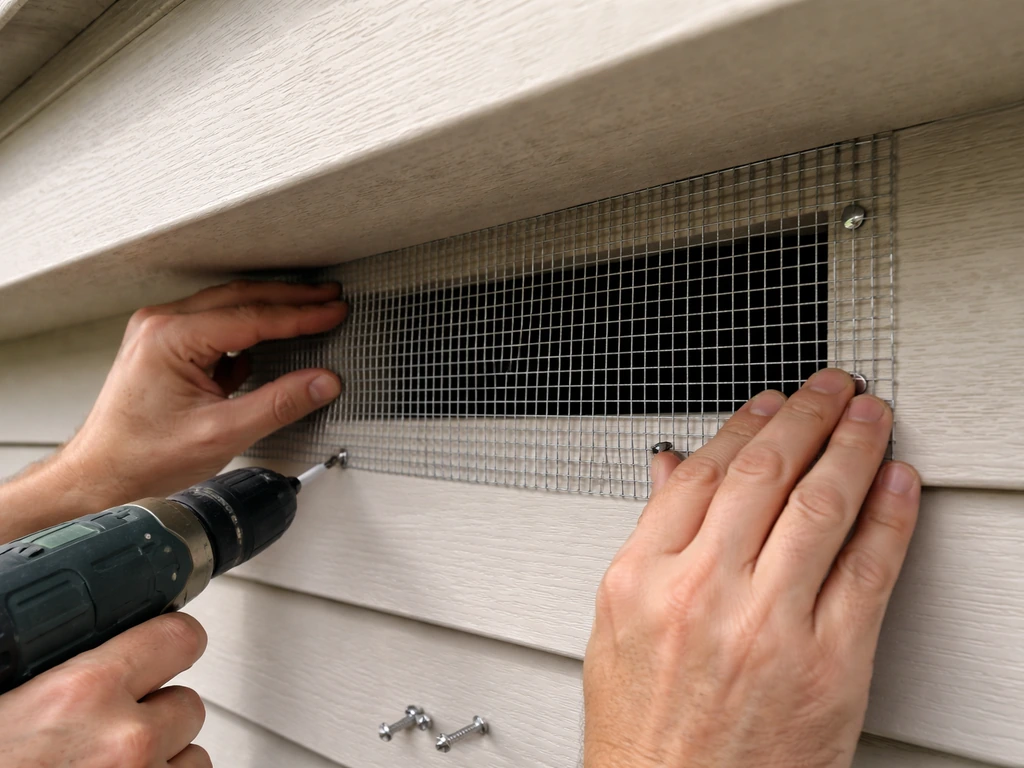 Anonymous hands installing metal mesh screening over a building entry opening to prevent birds roosting.