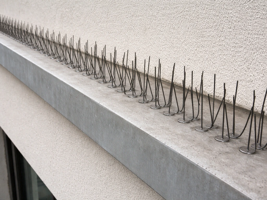 Close-up of bird spikes installed along an exterior ledge, leaving no gaps for roosting birds.